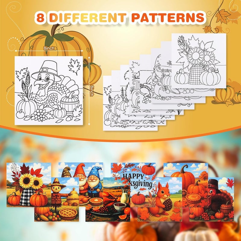 Zynlio 8 Packs 8 * 8in Thanksgiving Pre Drawn Canvas to Paint, Fall Pre Printed Canvas for Adults, Painting Boards for Beginners, Students, Party Favor (Thanksgiving) - Image 5